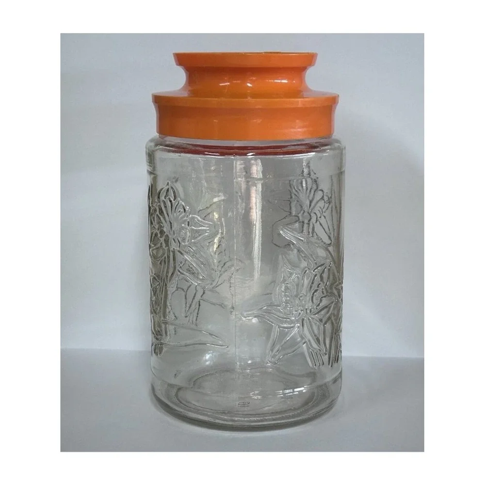 Vtg Tang Daffodil Glass Storage Jar Orange Lid VTG Marked 